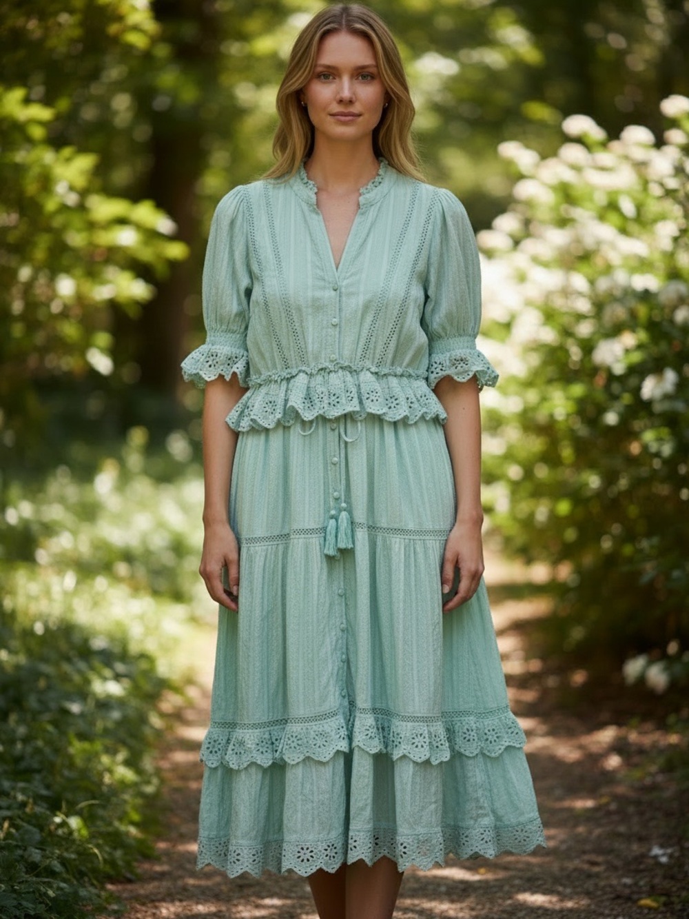 Allison New York Mint Green Crochet Eyelet Cottagecore Boho Cotton Midi Dress M